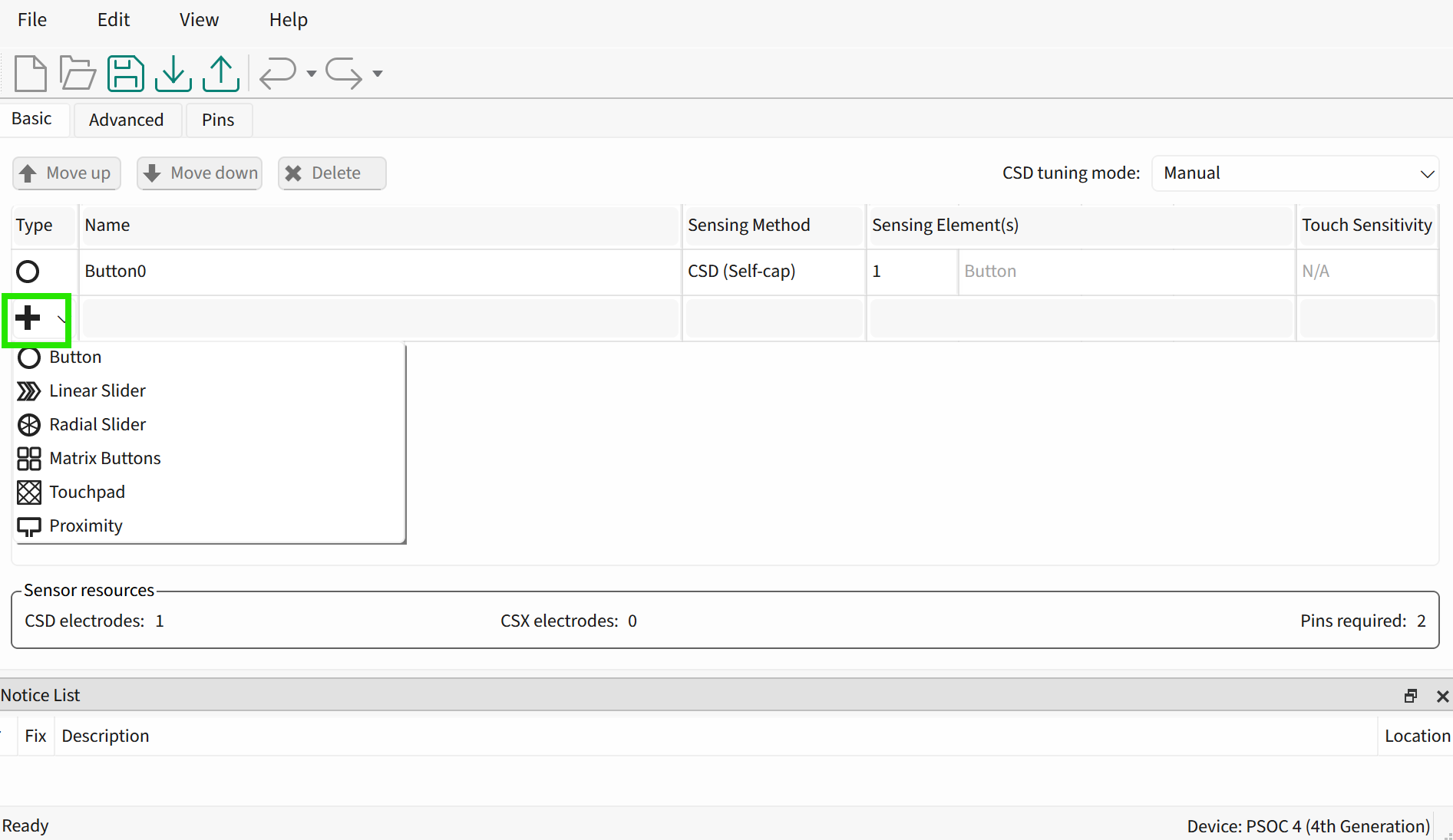 在Capsense Configurator中添加一个传感器组件
